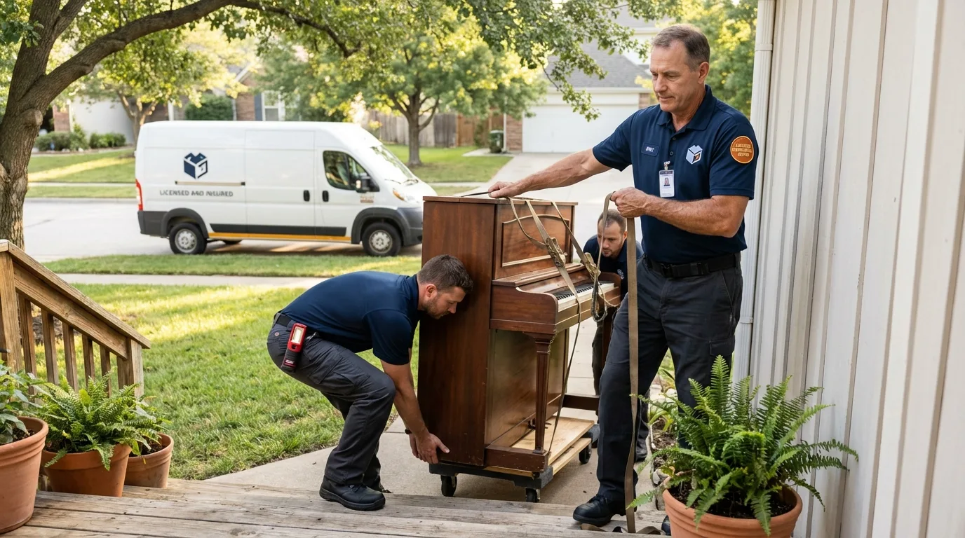 Licensed piano movers securing grand piano in Alamo, TN