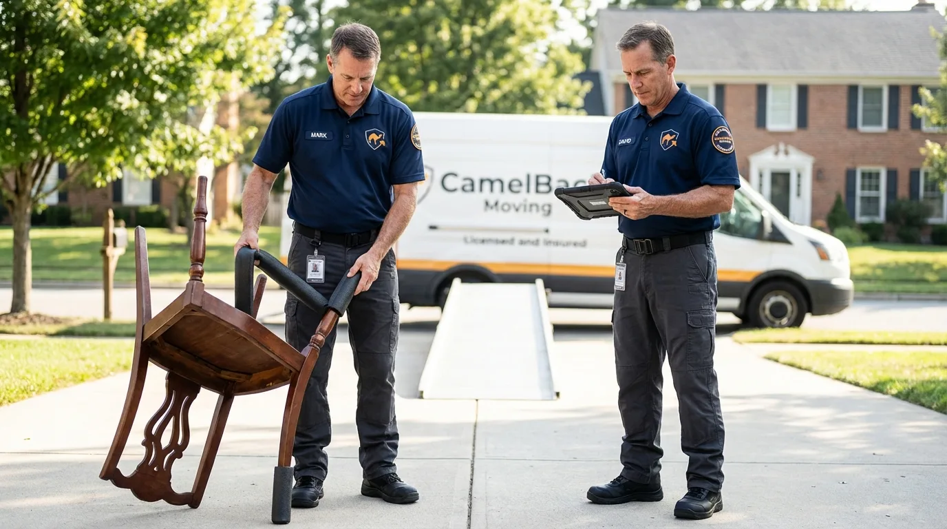 Movers inspecting furniture for damage prevention before loading in Alamo, TN