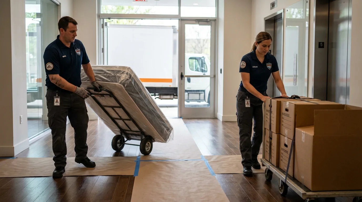 Professional apartment movers loading elevator in Alamo, TN